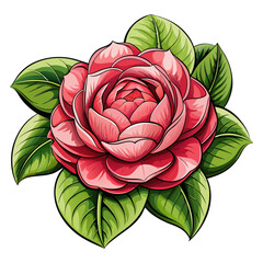 Pink Camellia Flower with Green Leaves Botanical Illustration