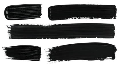 Five textured black paint strokes on a black background, various shapes and sizes