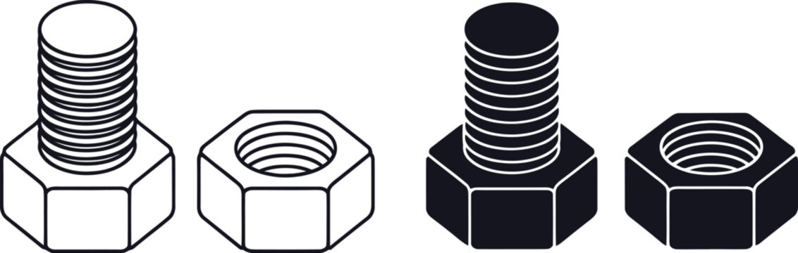 Bolt and Nut Fastener Icon Set &ndash; Mechanical Hardware Screw Symbols in Outline and Solid Black Design Isolated on White Background