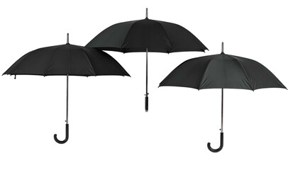 Three black umbrellas of varying sizes on a transparent background, evenly spaced