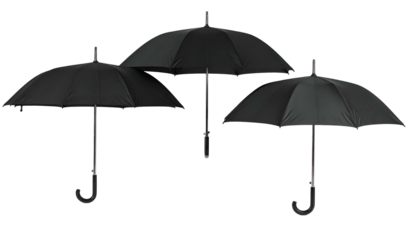 Three black umbrellas of varying sizes on a transparent background, evenly spaced