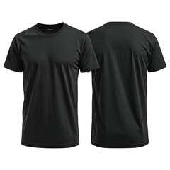 Front and back view of a plain black crew neck t-shirt