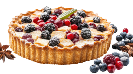 A pie with berries and a leaf on top
