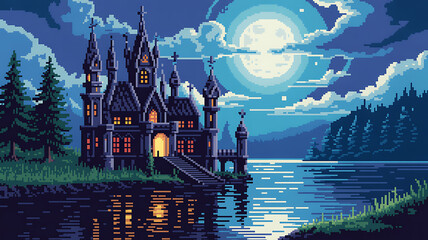 Pixel art illustration of dark gothic castle on lakeshore at night under large full moon and cloudy sky