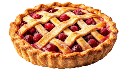 A delicious looking pie with a lattice crust and lots of raspberries