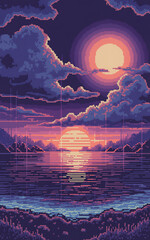 Pixel art sunset over water with dramatic clouds and reflections