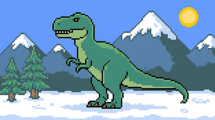 Pixel art t rex dinosaur in snowy landscape with mountains and sun