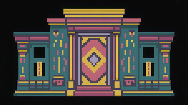 Pixel art ornate doorway with geometric patterns and decorative elements - Powered by Adobe