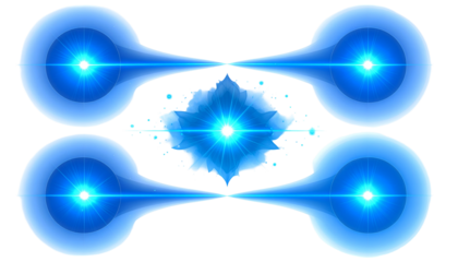 Abstract symmetrical composition features four glowing orbs linked to a central explosion