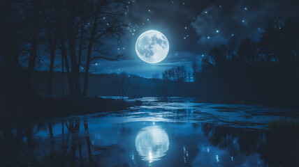 Serene moonlit lake reflecting glowing moon and starry night sky