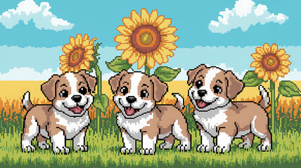 Three pixel art puppies in grassy field with sunflowers and blue sky
