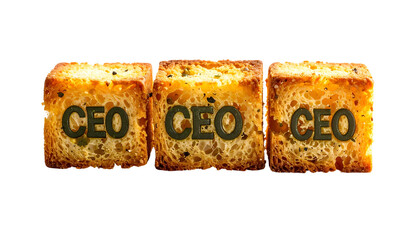 Three toasted bread cubes spelling "CEO" with a black background