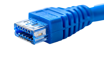 Close-up of a blue, male connector with pins, connected to a ribbed blue cable