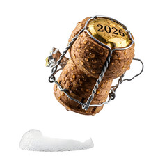 Champagne cork with 2026 new year foil isolated on transparent background