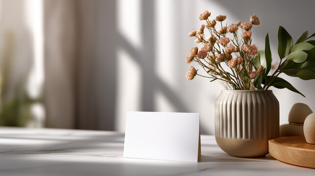 White blank card on clean neutral surface with soft shadows minimalist stationery scene clean elegant styling simple modern aesthetic scandinavian design gentle feminine atmos