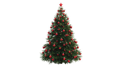 A large Christmas tree with red ornaments and a star on top
