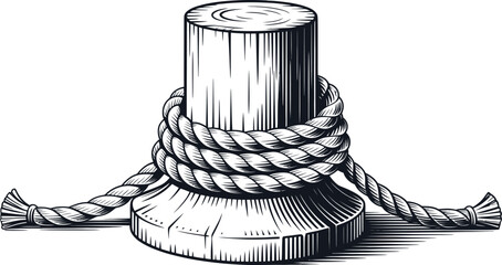 Elegant Nautical Wooden Mooring Bollard with Coiled Rope &ndash; Classic Maritime Harbor Illustration in Vintage Engraving Style