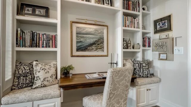 Welllit study area featuring builtin bookcases with adjustable shelves holding books framed photos and memorabilia emphasizing tailored organization.