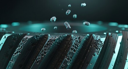Sci fi mechanical gear with floating particles and glowing dark background.