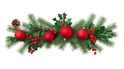 A red and green Christmas tree with red balls and pine cones