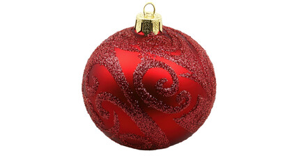 A red ornament with gold trim sits on a white background