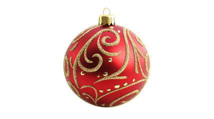 A red ornament with gold trim sits on a white background