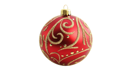 A red ornament with gold trim sits on a white background
