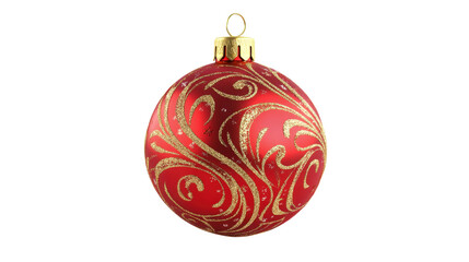 A red ornament with gold trim sits on a white background