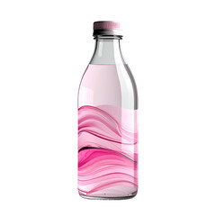A glass bottle filled with pink liquid, adorned with flowing abstract design