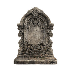 Ornate stone gravestone, weathered and aged, with intricate carvings and an arched top.  Empty, blank plaque
