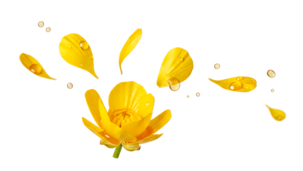 Yellow flower petals falling around a blooming flower in a serene environment
