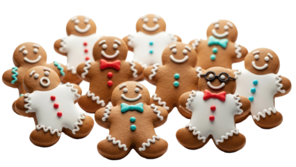 Group of festive gingerbread men cookies with various icing decorations.