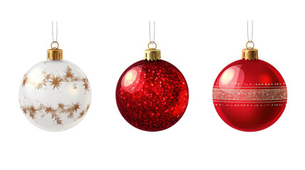 Three red and white Christmas ornaments hanging from a string