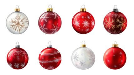 A collection of red and white Christmas ornaments
