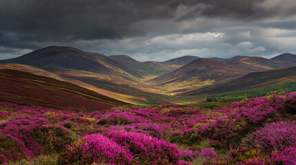 grampian. A vast landscape of mountains covered in blooming purple heather under a moody sky. travel magazines, destination branding, designed for travel destination branding, used by photographers.
