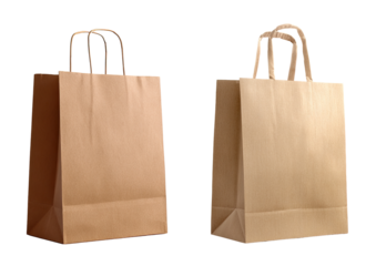 Two identical light brown paper shopping bags, upright, with handles