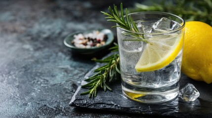 Fototapeta premium A fresh gin and tonic garnished with a lemon slice and rosemary, served on a dark slate with a lemon and spices in the background.