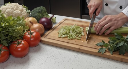 fresh vegetables and chef dicing celery on a wooden cutting board for healthy cooking