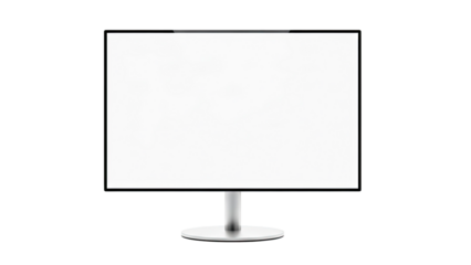 Modern computer monitor with blank white screen on a stand.