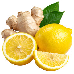 A vibrant composition of fresh ginger, lemons and leaves on a transparent background