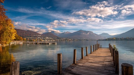 Obraz premium A wooden pier on Lake Annecy at sunrise, with the city and mountains in the background, framed by autumn colors, golden hour light, blue sky, and white clouds, capturing a cinematic lake view.