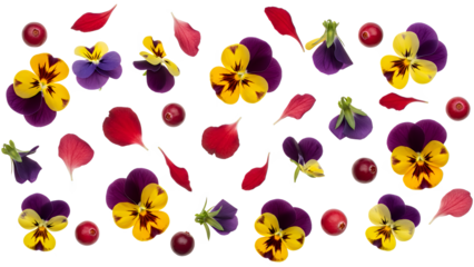 A vibrant arrangement of pansy flowers and red petals on a white background