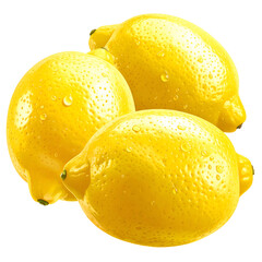 Three ripe, bright yellow lemons, with water droplets, isolated on black background