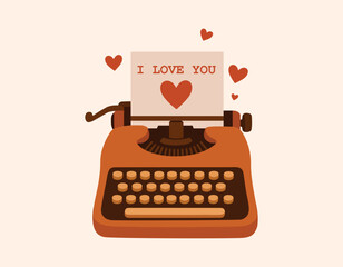 Vector illustration of a typewriter. Valentine's Day greeting. Retro object. Type text. Cartoon retro print.