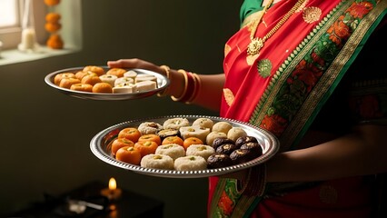 Woman in Red Sari Holding Two Trays of Indian Sweets with Lit Candle in Background
