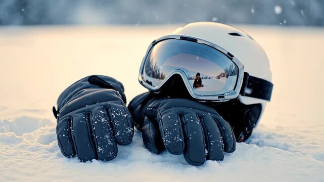 Cinematic close-up of essential winter sports gear resting on the icy snow, ready for the championship tournament.