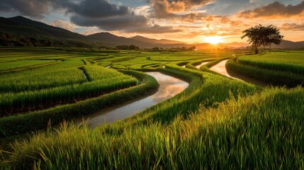 Sun sets behind mountains as golden light hits rice terraces. Water flows gently through fields. Green plants cover land creating a lush environment.
