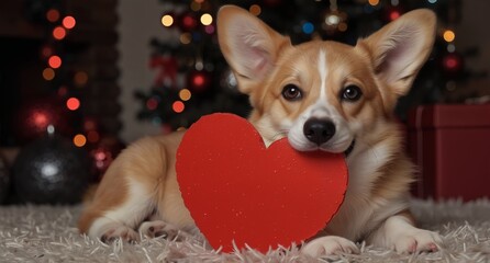 cute corgi puppy with red heart lying near christmas gifts on fluffy rug.