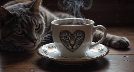 cozy gray tabby cat lying near steaming cup of coffee with feline portrait design on ceramic.