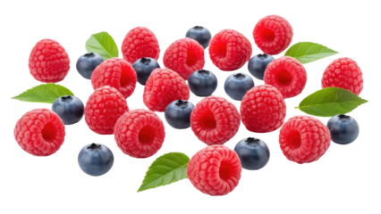 Fresh raspberries and blueberries scattered with green leaves on a white background.